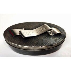 Vintage Napier Cufflinks Box MCM Metal Oval Textured Silver Tone Corduroy Lined